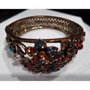 Vintage Hinged Floral Bracelet with Multicolor Rhinestones
